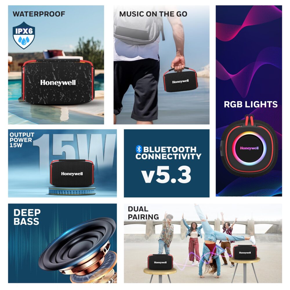 Honeywell Newly Launched Suono P400 15W 5.3 Bluetooth Speaker,Deep Bass Radiators,10H Playtime,IPX 6,TWS Feature,RGB Lights,SD Card,AUX,Type-C Port,Built-In Mic,78mm Drivers,2Yrs Manufacturer Warranty - Image 8